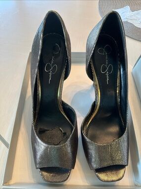 Jessica Simpson Metallic Peep-Toe Heels - gold black